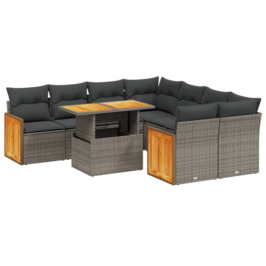 Salon de jardin 9 pcs avec coussins gris résine tressée - 2