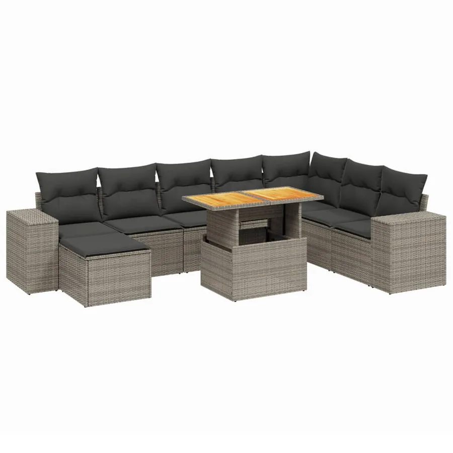 Salon de jardin 9 pcs avec coussins gris résine tressée - 2
