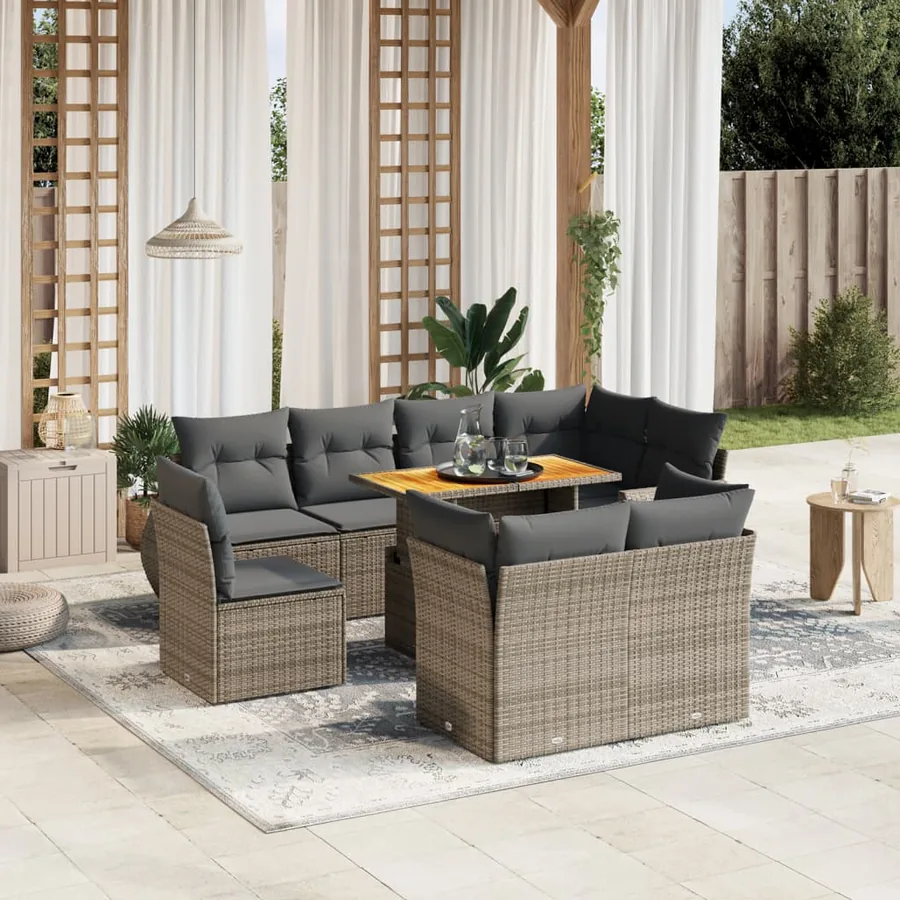 Salon de jardin 9 pcs avec coussins gris résine tressée