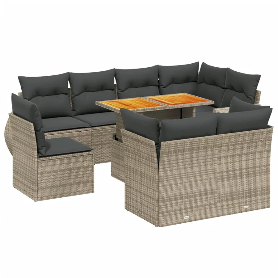Salon de jardin 9 pcs avec coussins gris résine tressée - 2