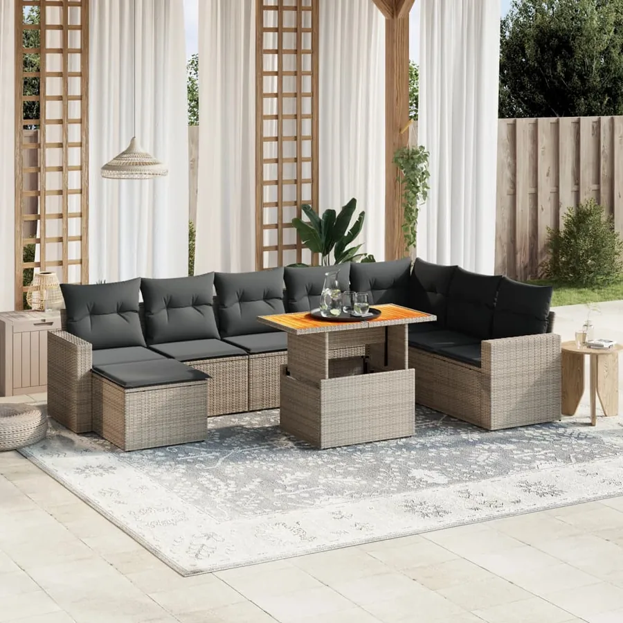 Salon de jardin 9 pcs avec coussins gris résine tressée