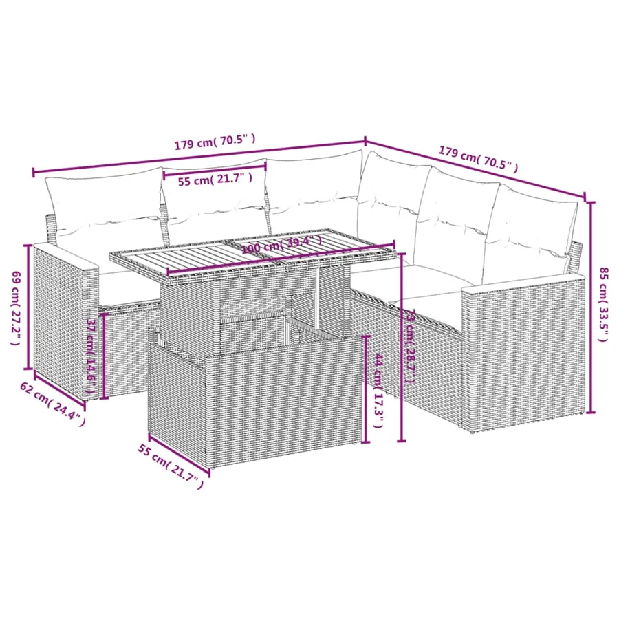 Salon de jardin 6 pcs avec coussins gris résine tressée - 3