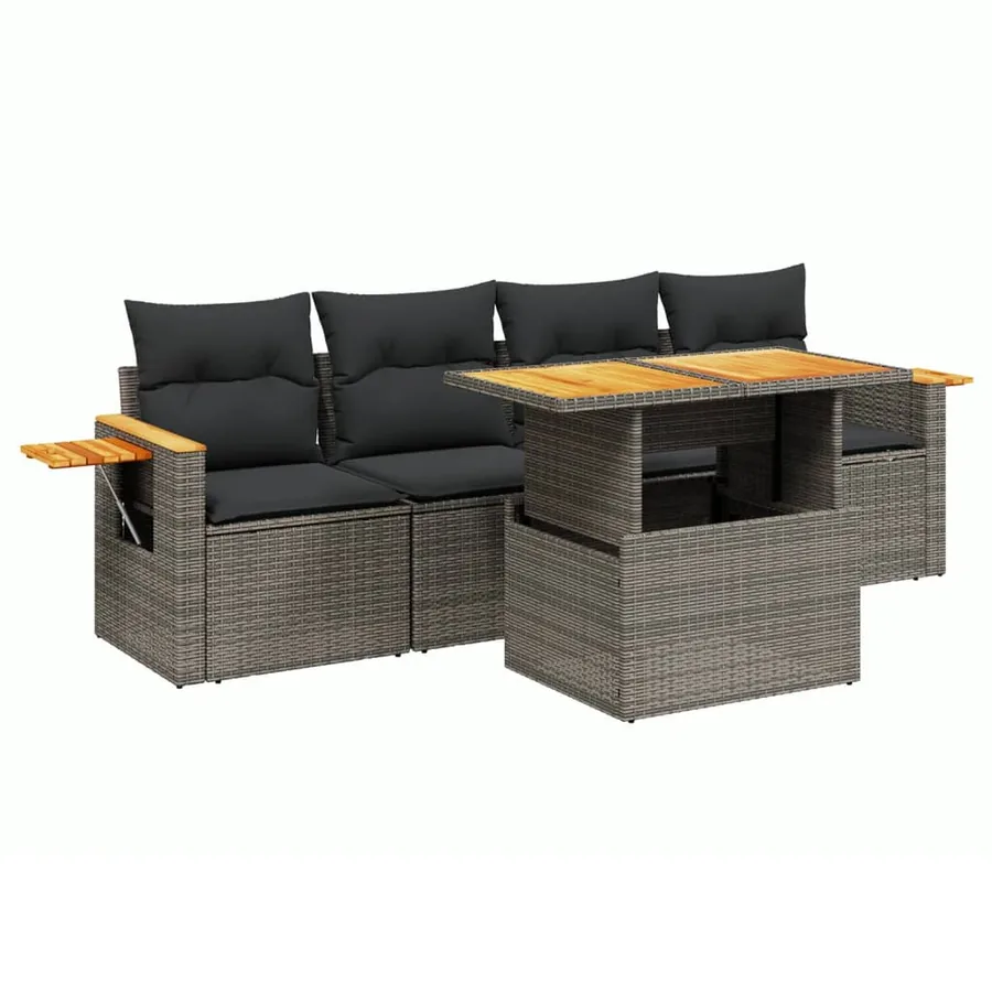 Salon de jardin 5 pcs avec coussins gris résine tressée - 2