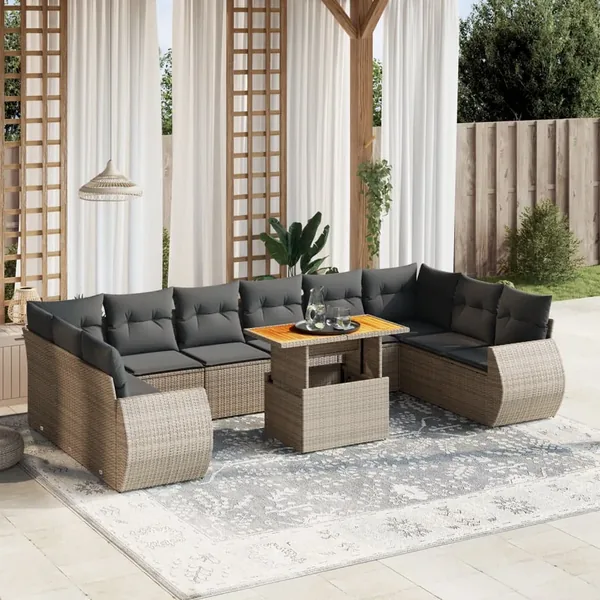 Salon de jardin 11 pcs avec coussins gris résine tressée