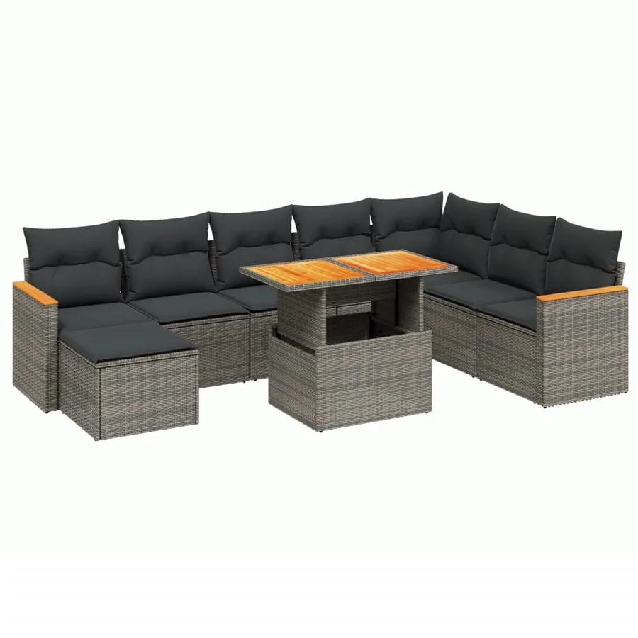 Salon de jardin 9 pcs avec coussins gris résine tressée - 2