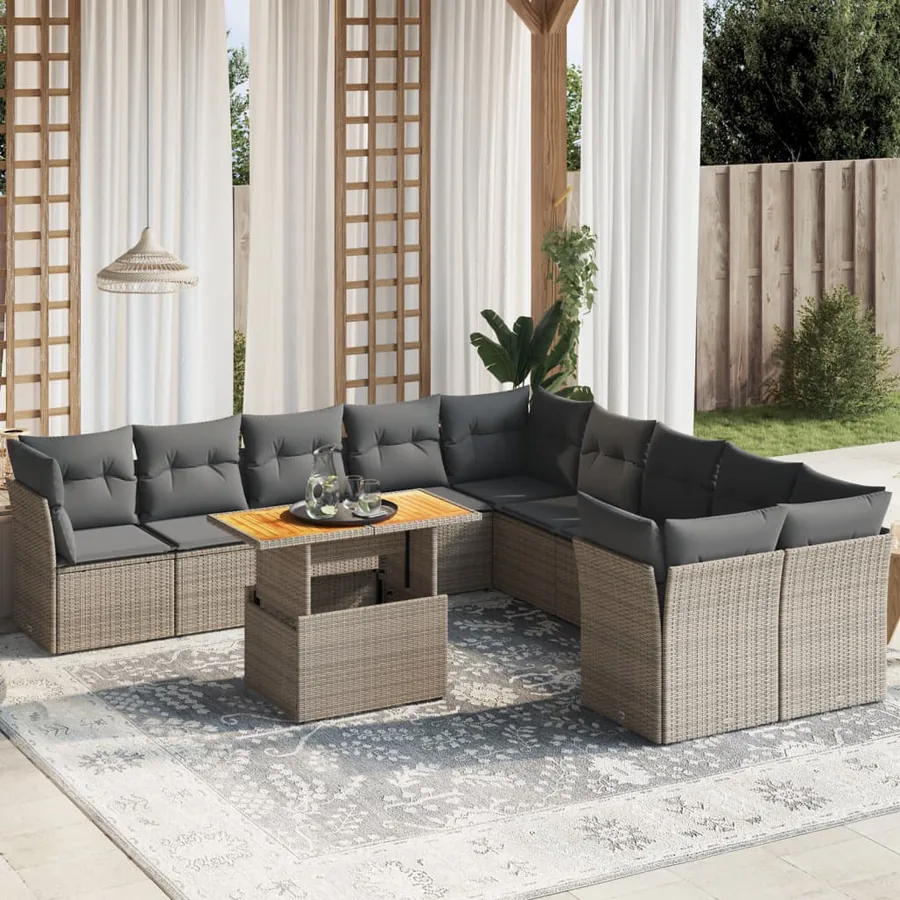 Salon de jardin 11 pcs avec coussins gris résine tressée