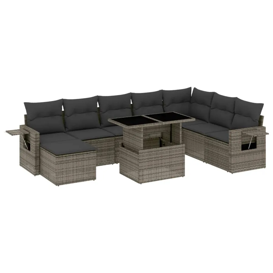 Salon de jardin 9 pcs avec coussins gris résine tressée - 2