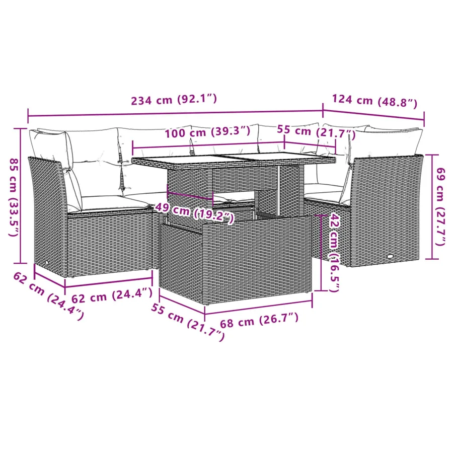Salon de jardin 6 pcs avec coussins gris résine tressée - 10