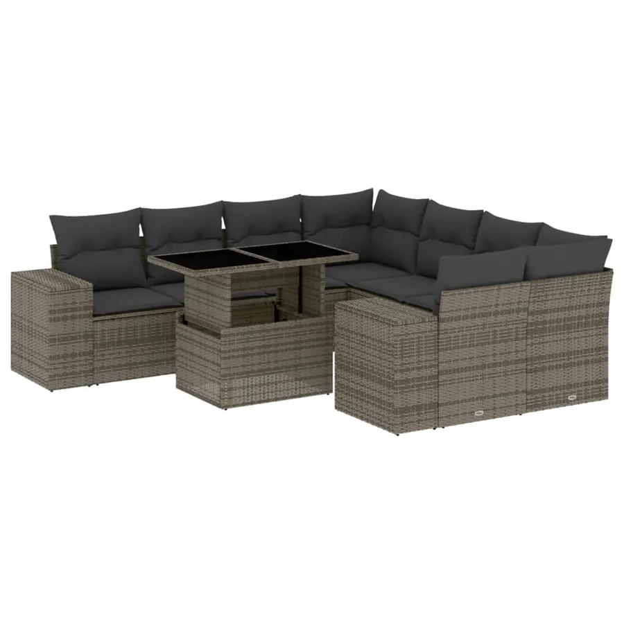 Salon de jardin 9 pcs avec coussins gris résine tressée - 2