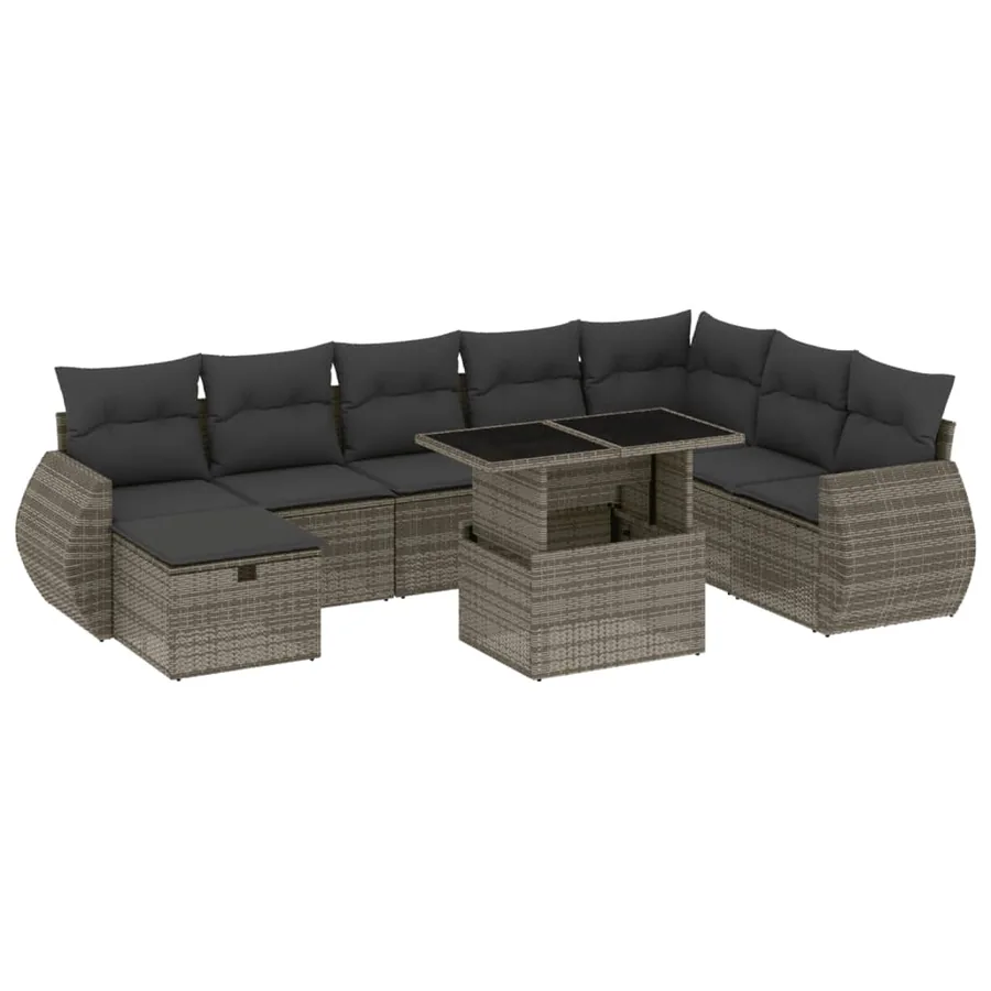 Salon de jardin 9 pcs avec coussins gris résine tressée - 2