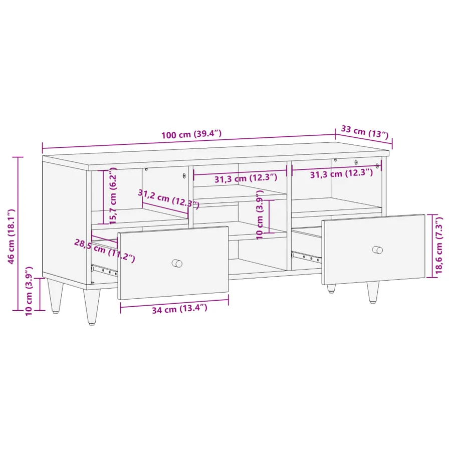 Meuble TV 100x33x46 cm bois massif de manguier - 11