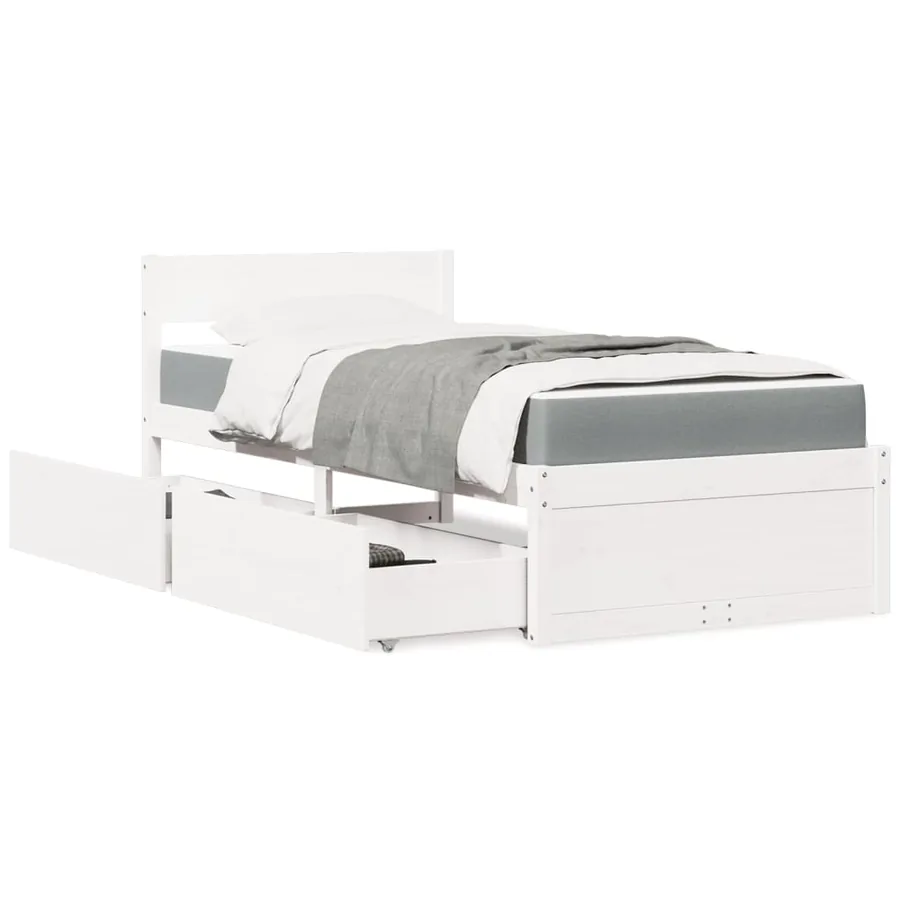 Lit avec tiroirs et matelas blanc 100x200 cm bois massif de pin