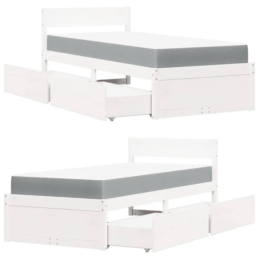 Lit avec tiroirs et matelas blanc 100x200 cm bois massif de pin - 11