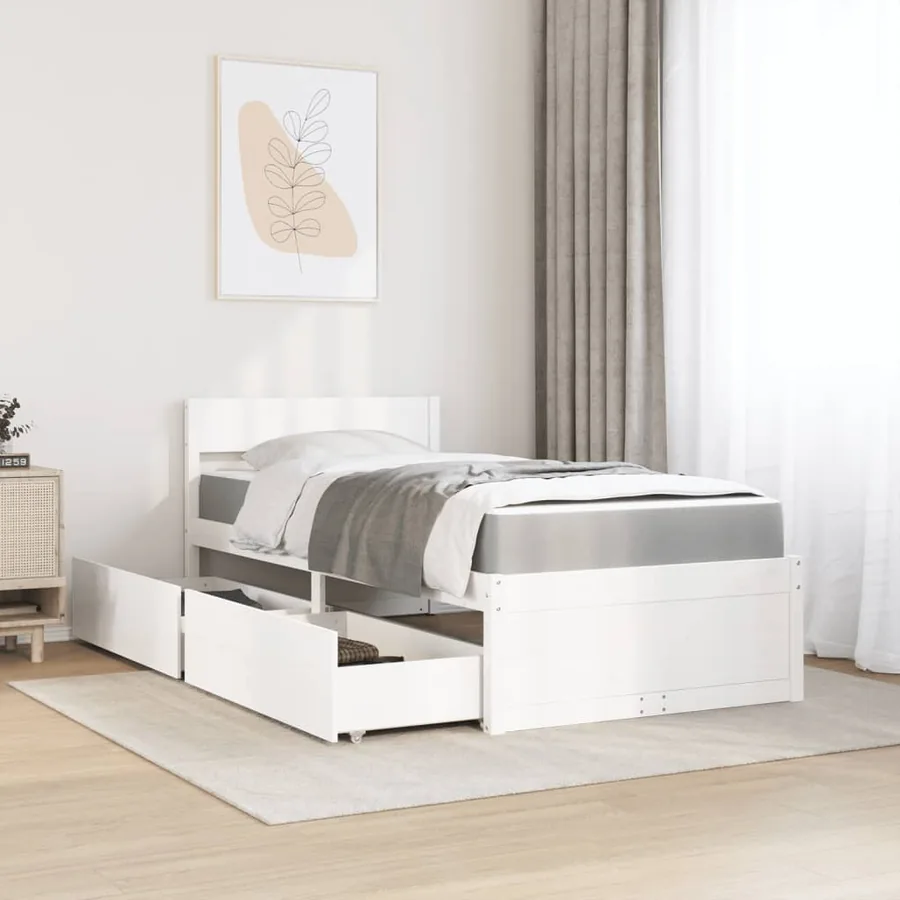 Lit avec tiroirs et matelas blanc 100x200 cm bois massif de pin - 3
