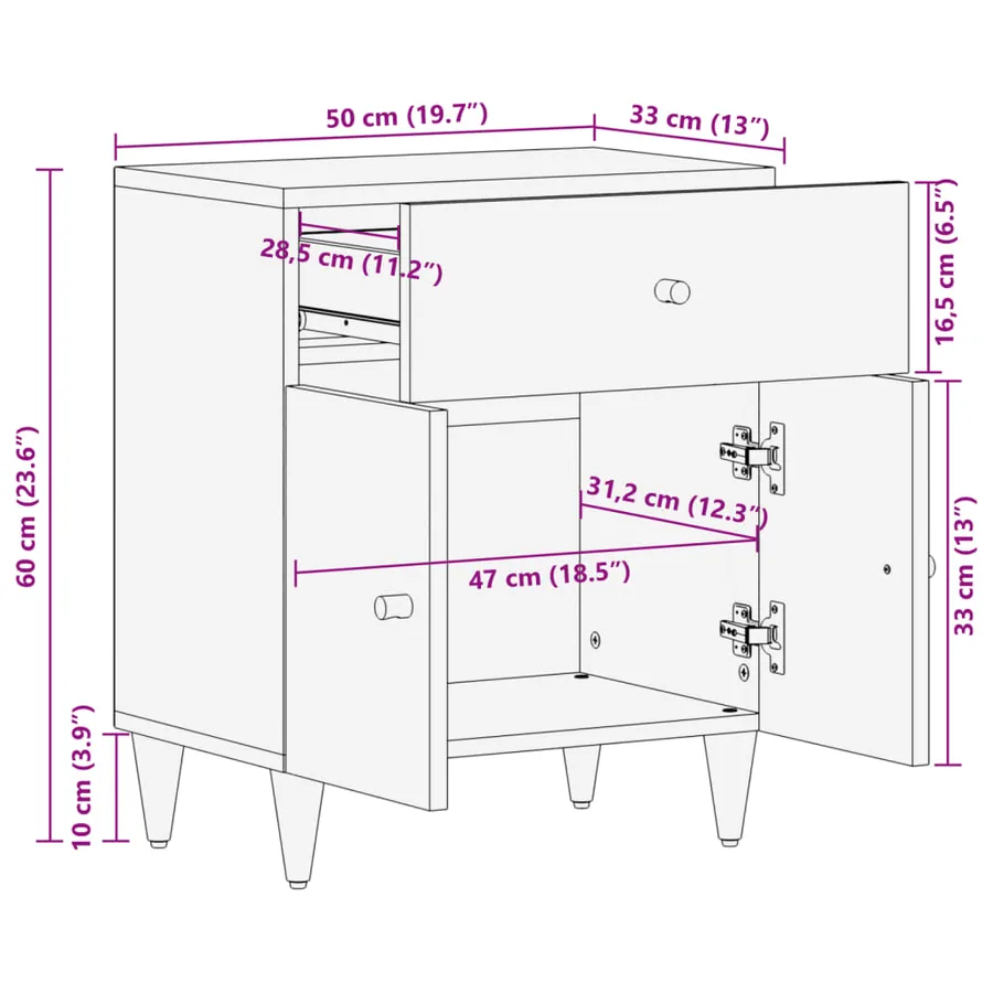 Table de chevet 50x33x60 cm bois de manguier massif - 11