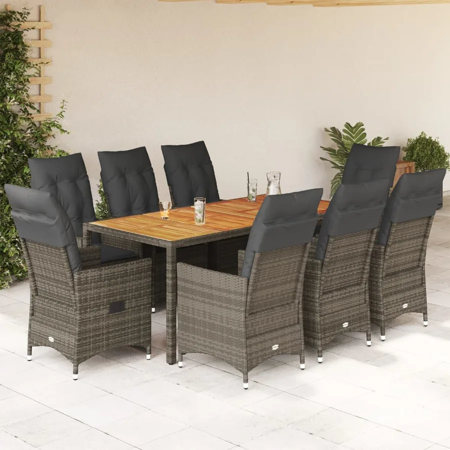 Ensemble à manger de jardin 9 pcs coussins gris résine tressée