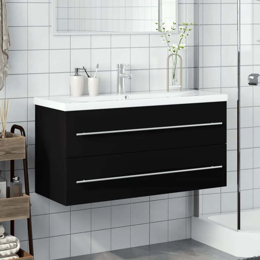 Armoire lavabo de salle de bain avec bassin intégré noir - 3