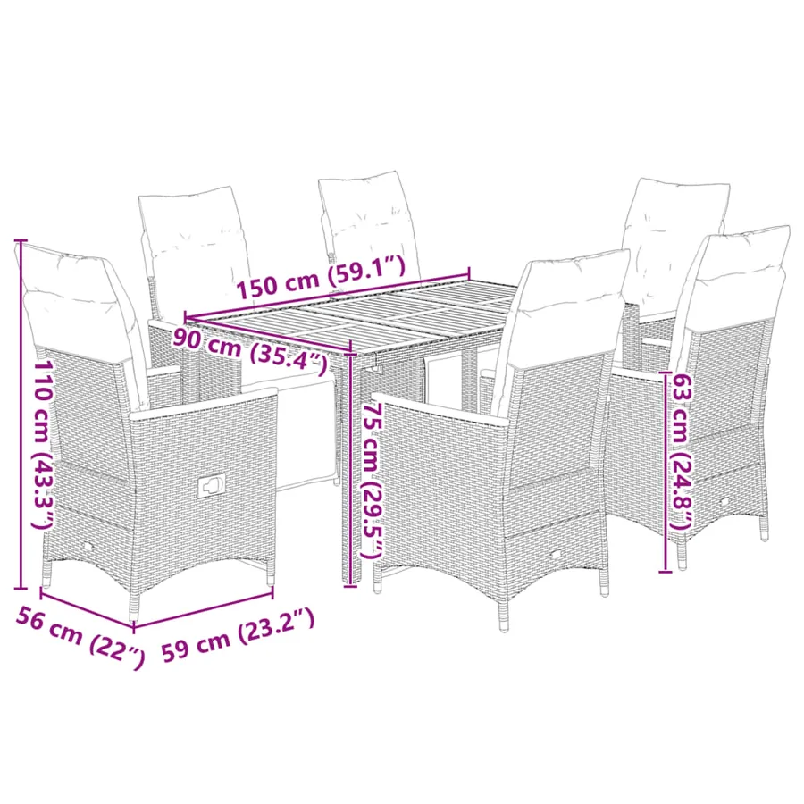 Ensemble de bistro de jardin 7 pcs coussins gris poly rotin - 7