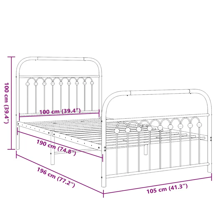 Cadre de lit métal sans matelas avec pied de lit noir 100x190cm - 8