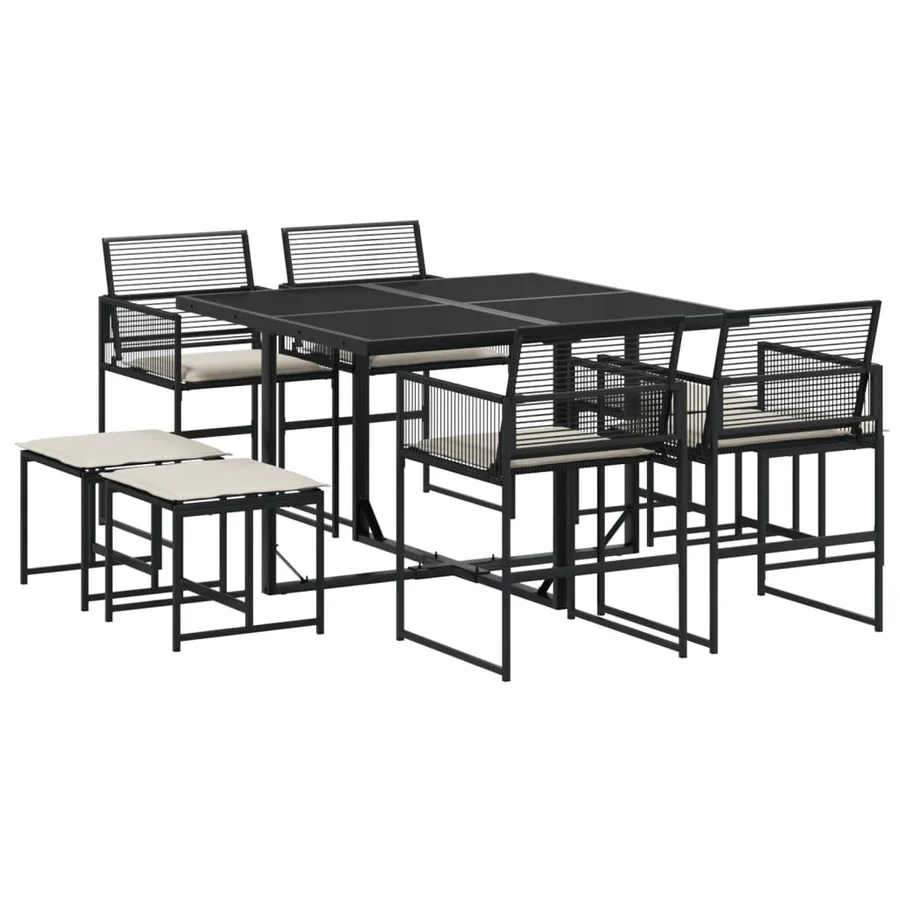 Ensemble à manger de jardin 9pcs coussins noir résine tressée - 2