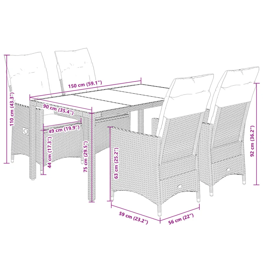 Ensemble à manger de jardin avec coussins 5pcs Beige poly rotin - 7