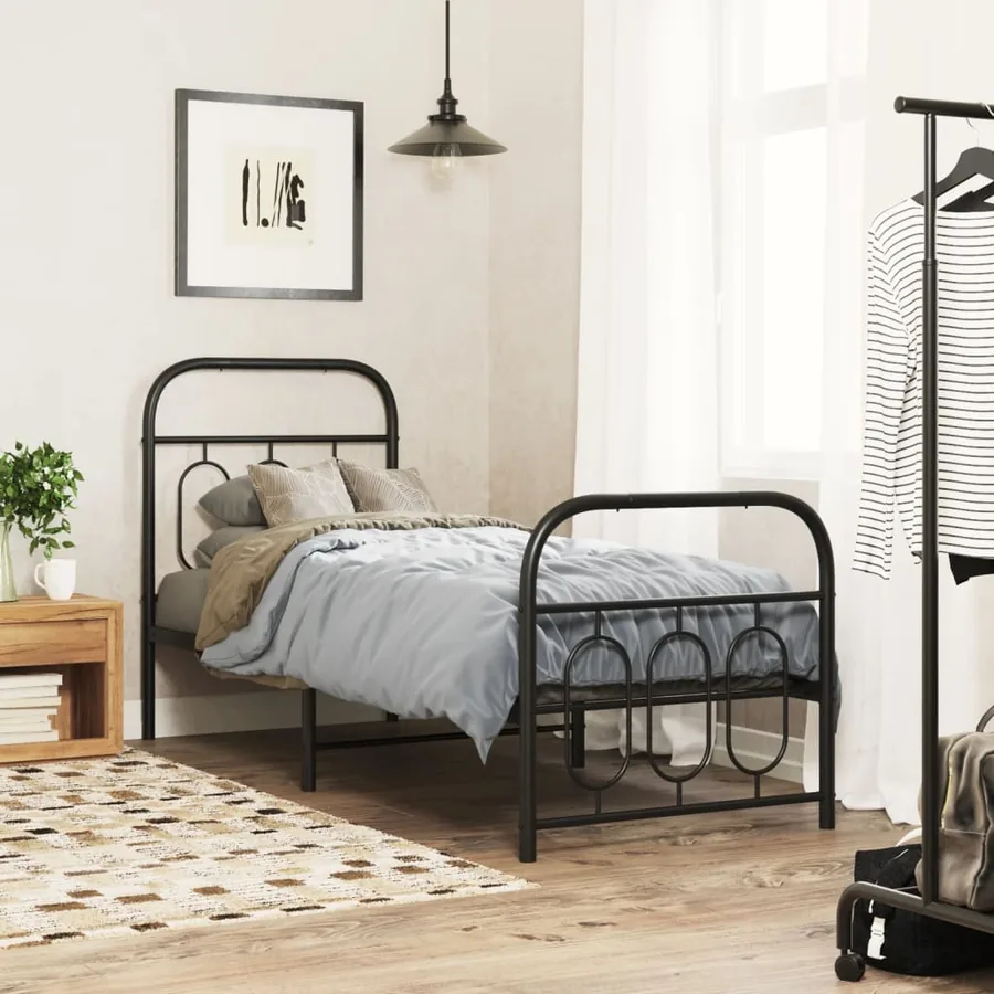 Cadre de lit métal sans matelas avec pied de lit noir 75x190 cm