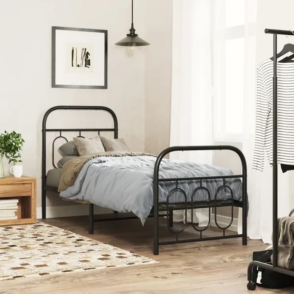 Cadre de lit métal sans matelas avec pied de lit noir 75x190 cm