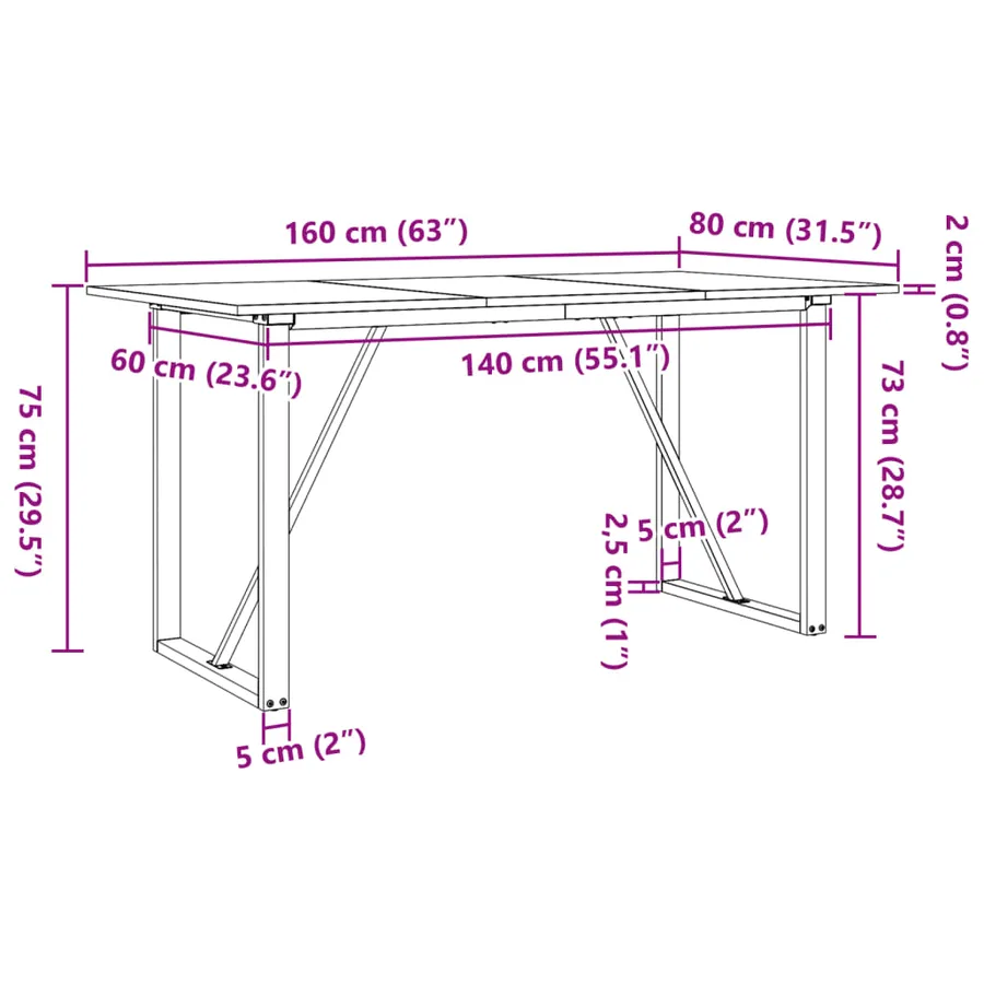 Table à manger cadre en O 160x80x75 cm bois de pin massif acier - 10