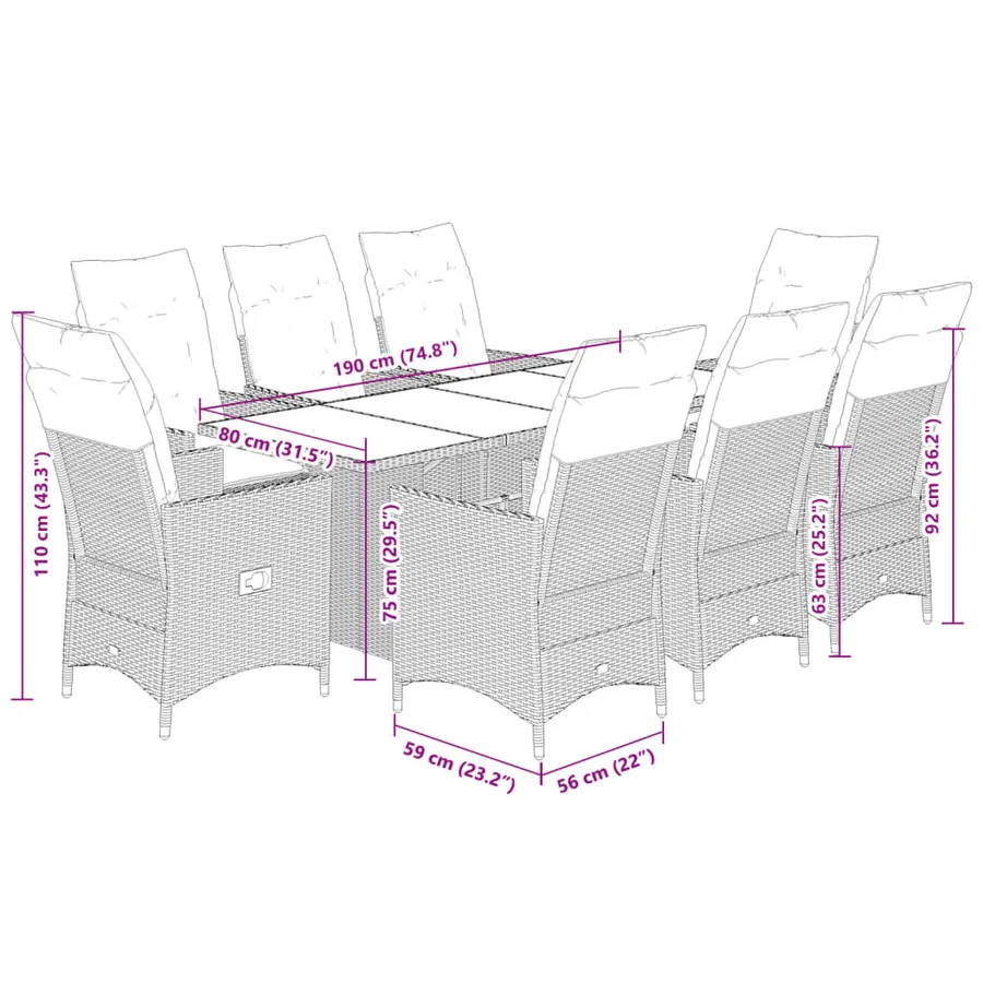 Ensemble à manger de jardin et coussins 9 pcs beige Poly rotin - 7