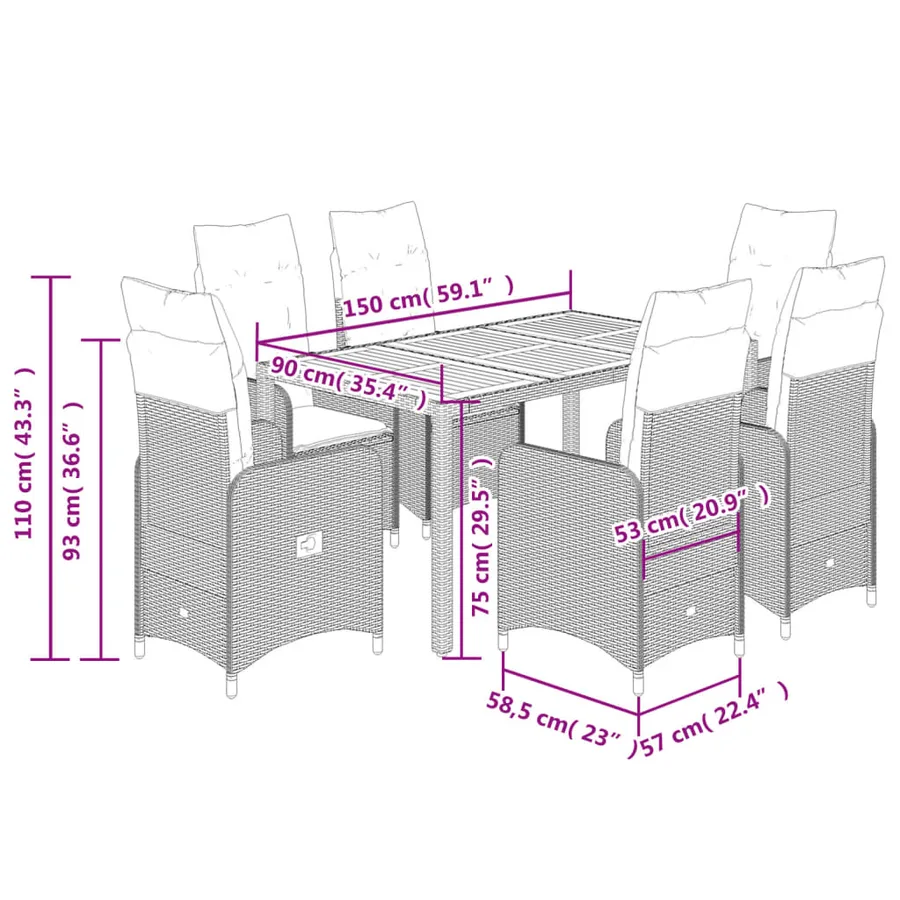 Ensemble de bistro de jardin 7 pcs coussins noir poly rotin - 7