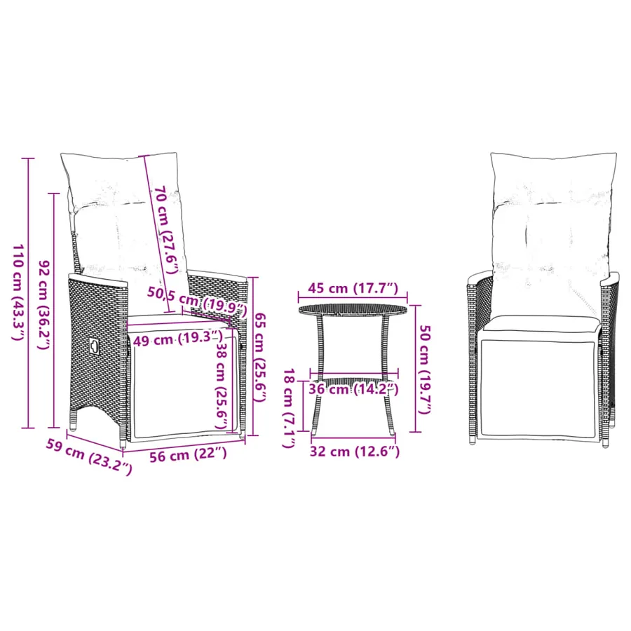 Ensemble de bistro 3 pcs avec coussins gris résine tressée - 10