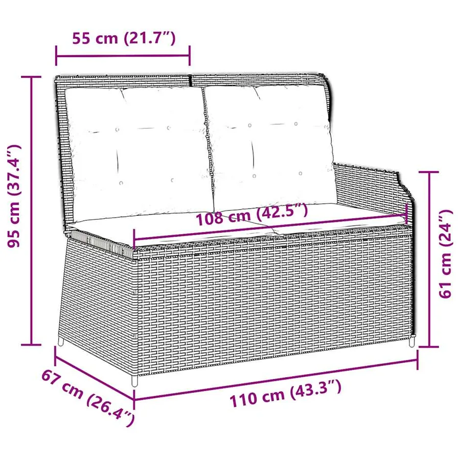 Banc inclinable de jardin avec coussins gris résine tressée - 9