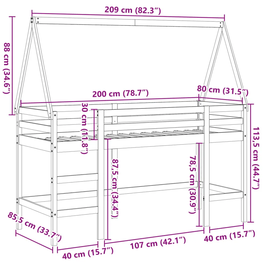 Lit superposé avec échelle et toit sans matelas 80x200 cm - 12