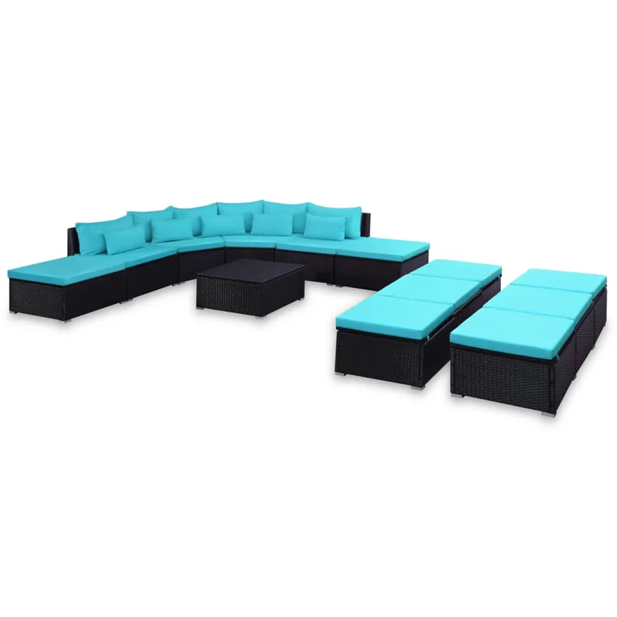 Salon de jardin 9 pcs avec coussins résine tressée bleu