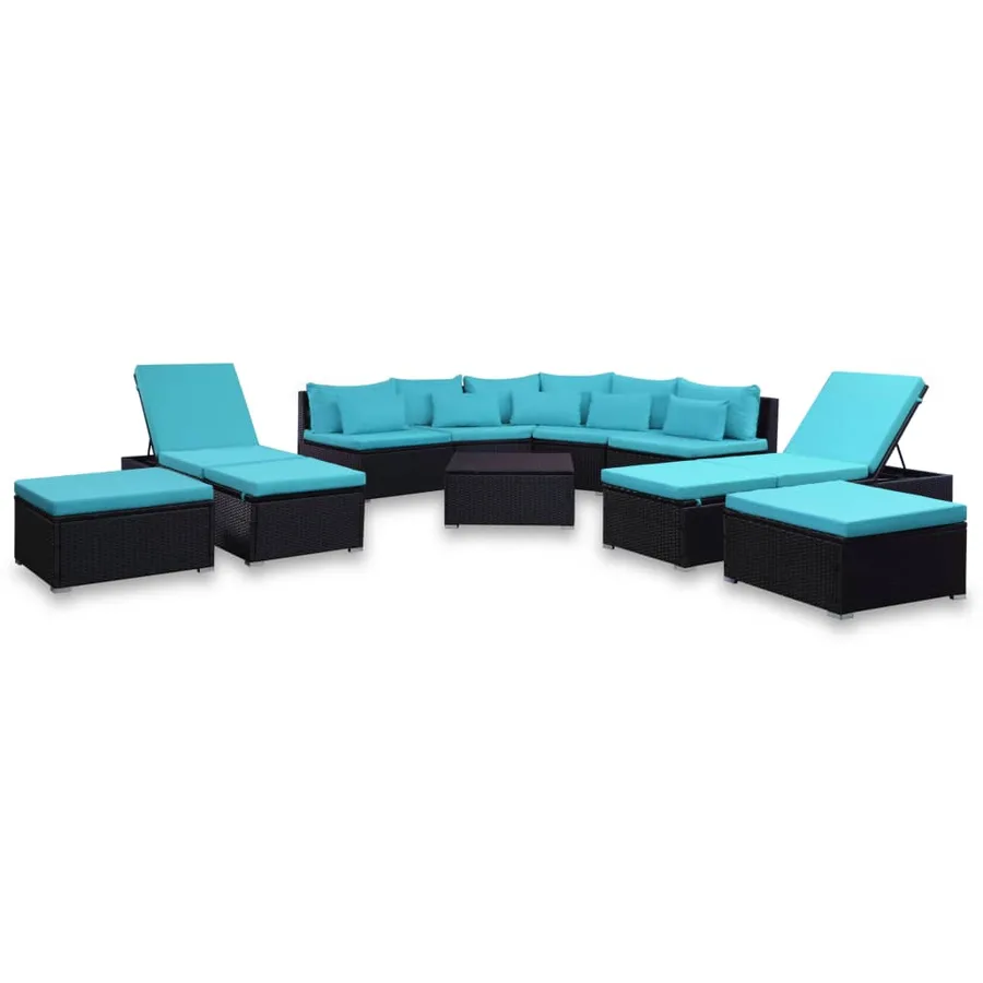 Salon de jardin 9 pcs avec coussins résine tressée bleu - 2