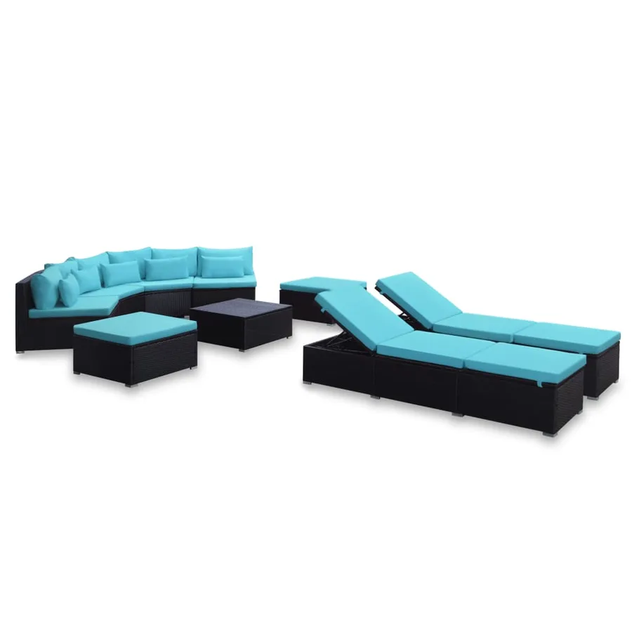 Salon de jardin 9 pcs avec coussins résine tressée bleu - 3