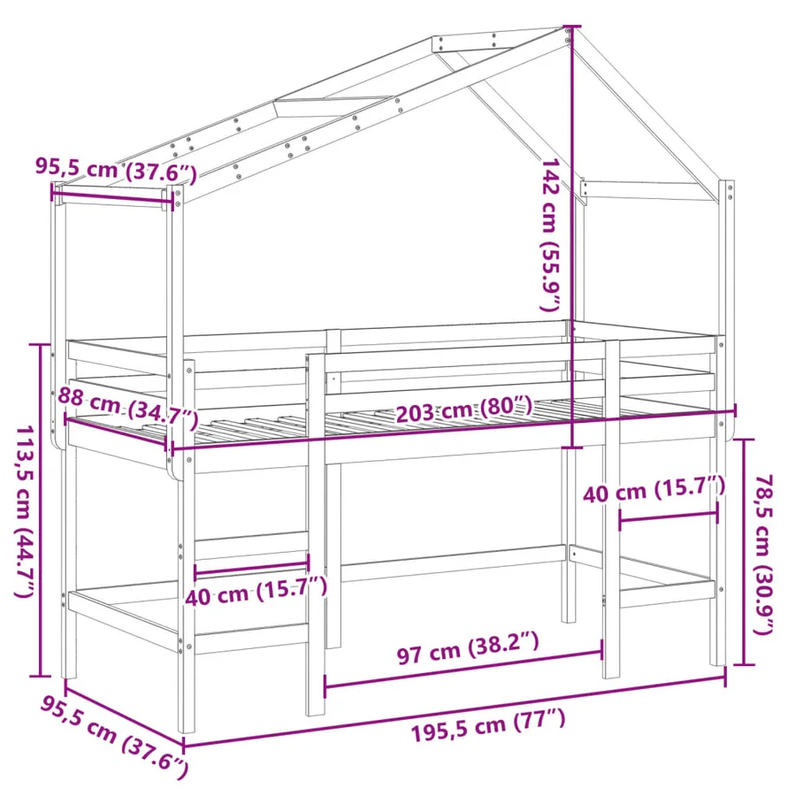 Lit superposé avec échelle et toit sans matelas 90x190 cm - 12