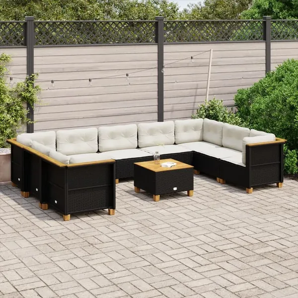 Salon de jardin 10 pcs avec coussins noir résine tressée