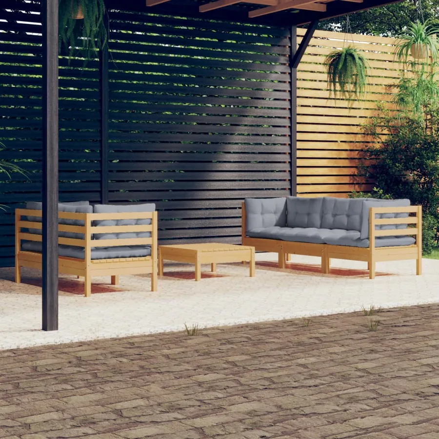 Salon de jardin 6 pcs avec coussins gris bois de pin