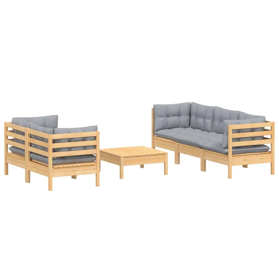 Salon de jardin 6 pcs avec coussins gris bois de pin - 3