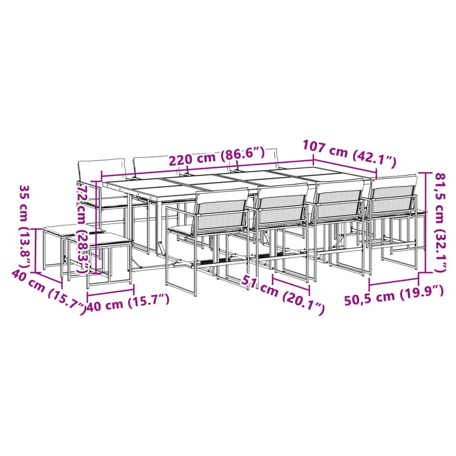 Ensemble à manger de jardin avec coussins 13pcs blanc textilène - 11