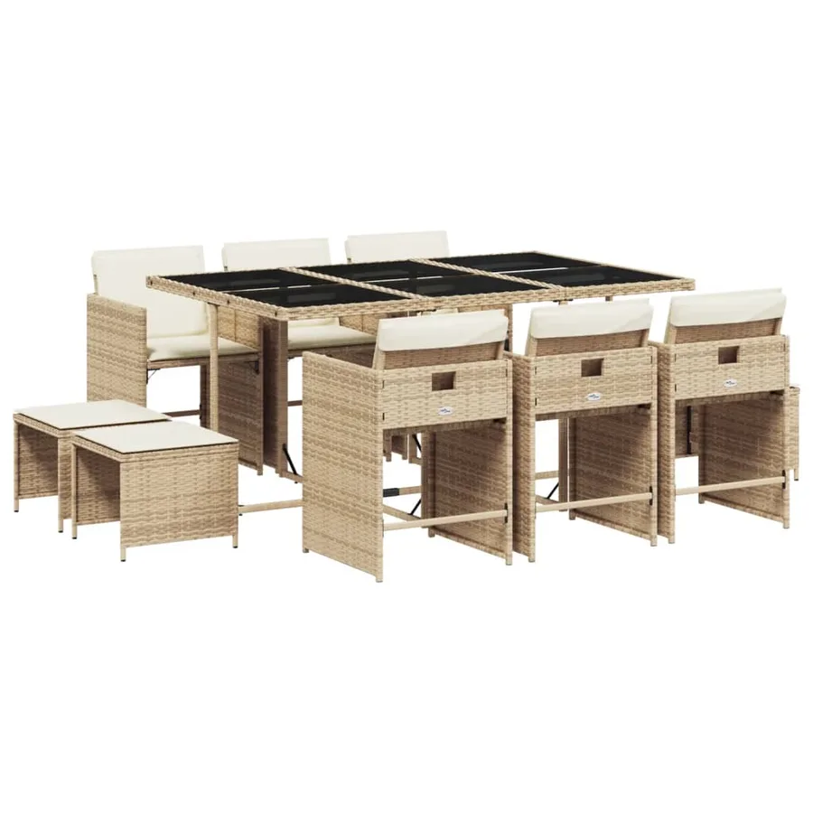Ensemble à manger de jardin et coussins 11 pcs beige poly rotin - 2