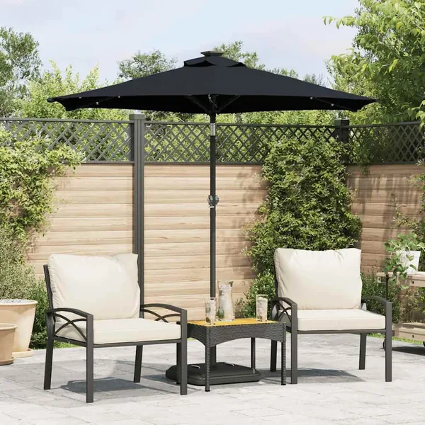 Parasol de jardin avec LED mât en acier noir 225x225x212 cm