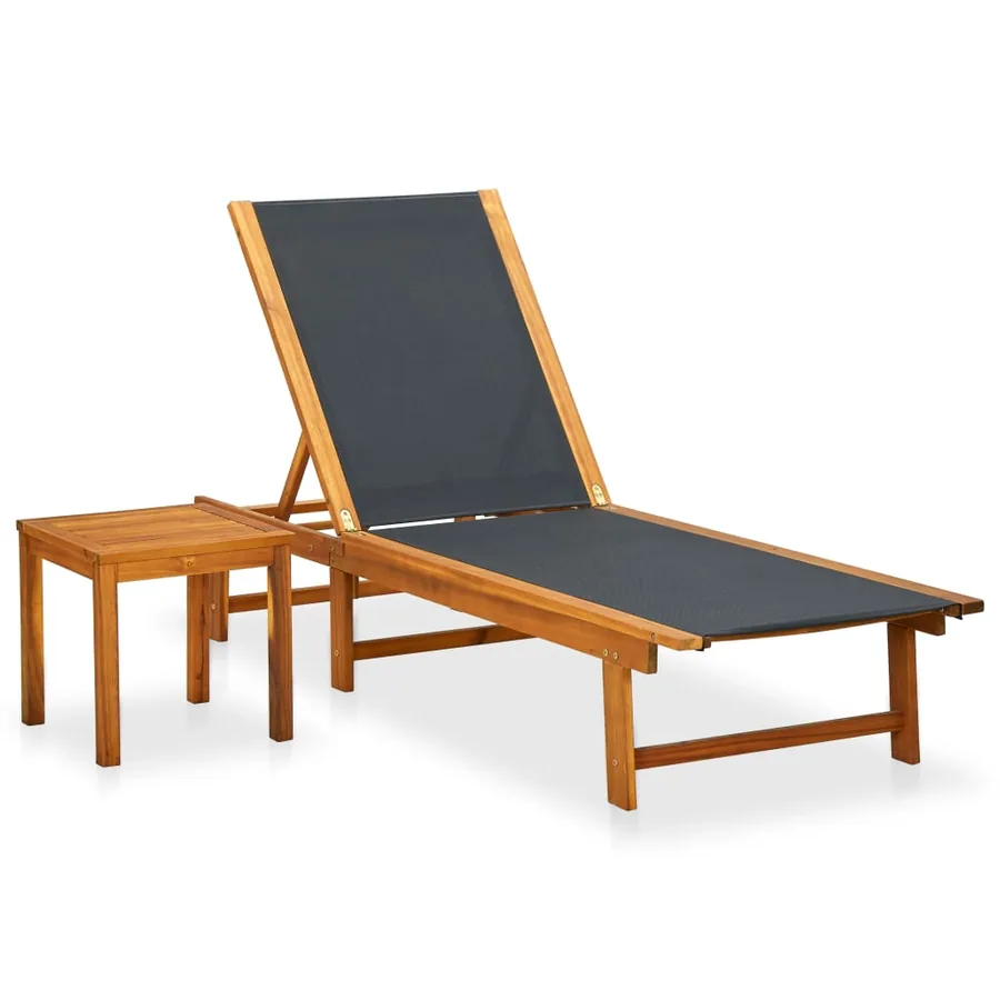 Chaise longue et table gris bois d'acacia solide et textilène - 34