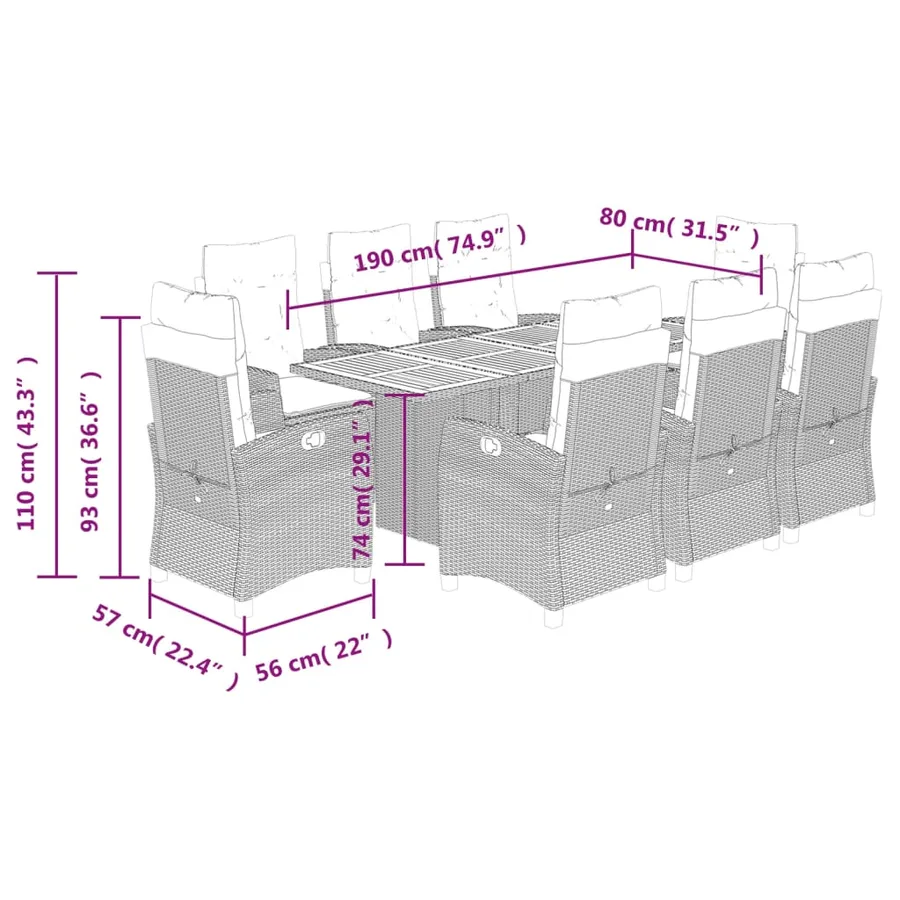 Ensemble à manger de jardin et coussins 9 pcs beige Poly rotin - 12