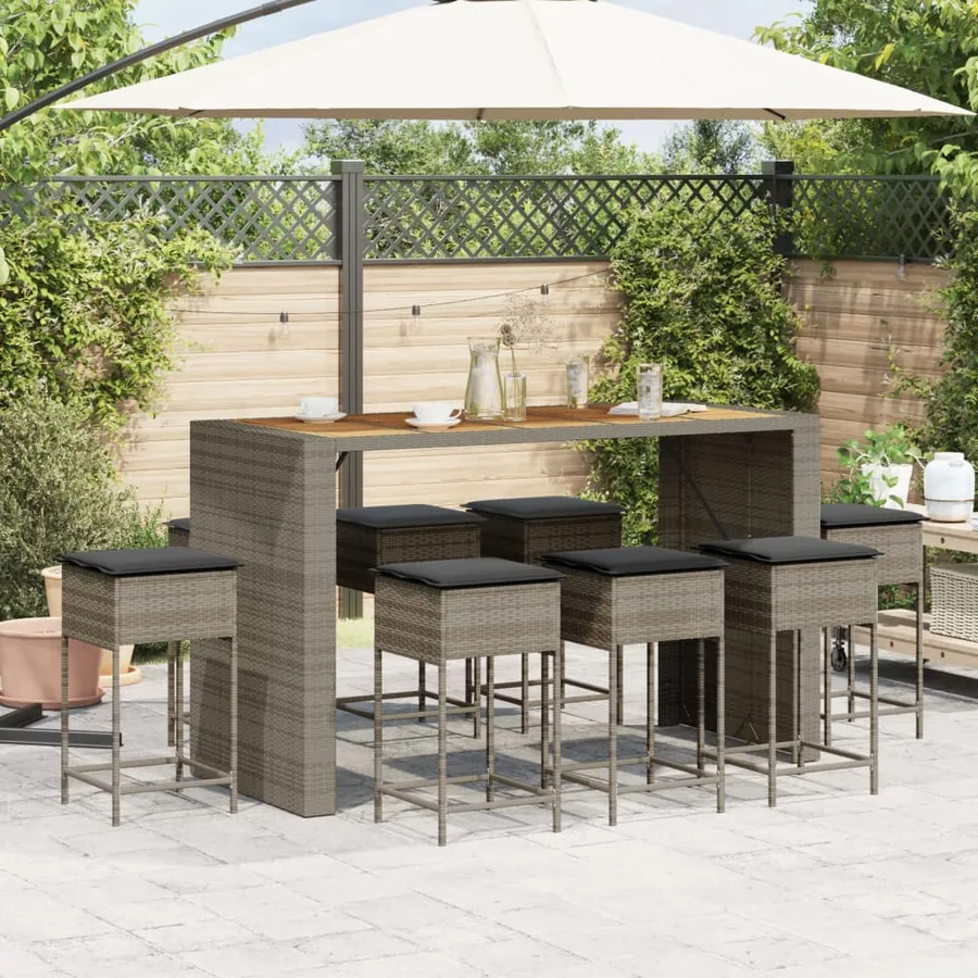 Ensemble de bar de jardin 9 pcs avec coussins gris poly rotin - 3
