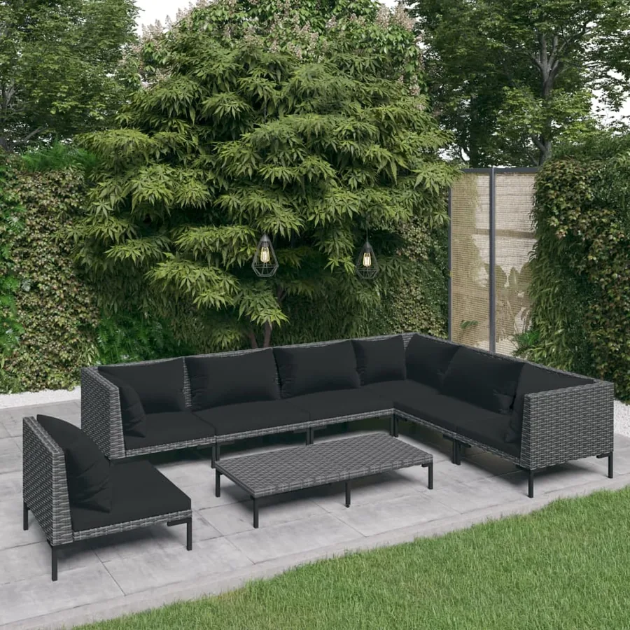Salon de jardin 8 pcs avec coussins Résine tressée Gris foncé