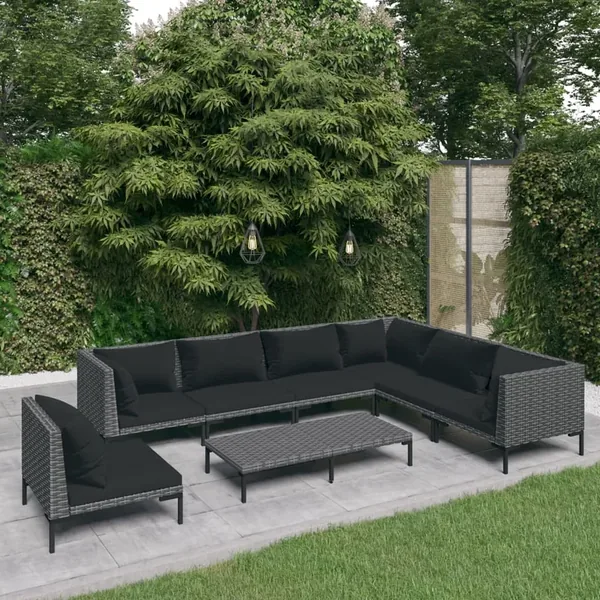 Salon de jardin 8 pcs avec coussins Résine tressée Gris foncé