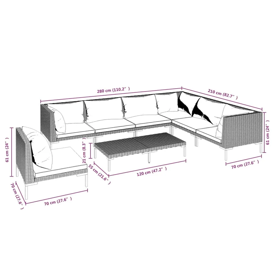 Salon de jardin 8 pcs avec coussins Résine tressée Gris foncé - 9