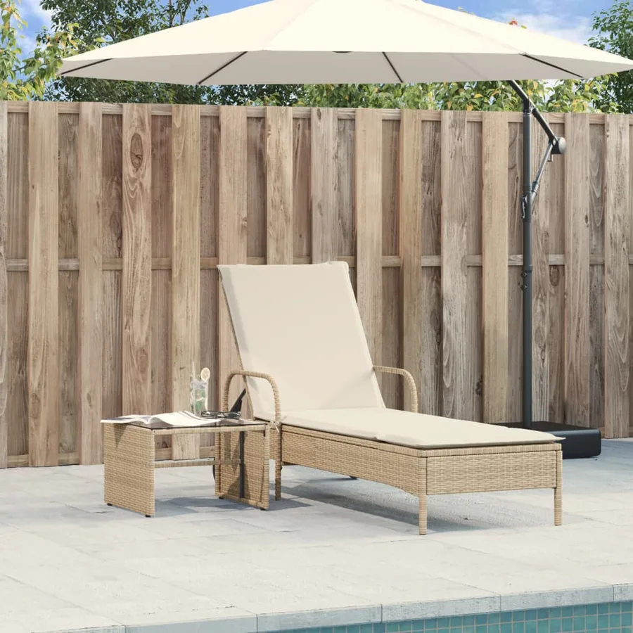 Chaise longue avec roues et coussin beige résine tressée - 3